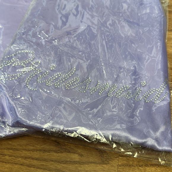 3 Bridesmaids Purple Robes Rhinestone Writing On The Back - Picture 4 of 4